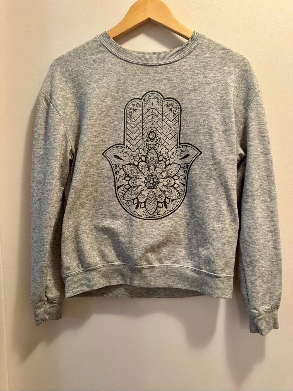 Miken Flow Gray Hamsa Hand Long Sleeve Sweatshirt Boho Spiritual Top Size S